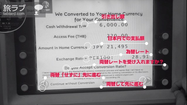 海外ATMの両替を促す画面
